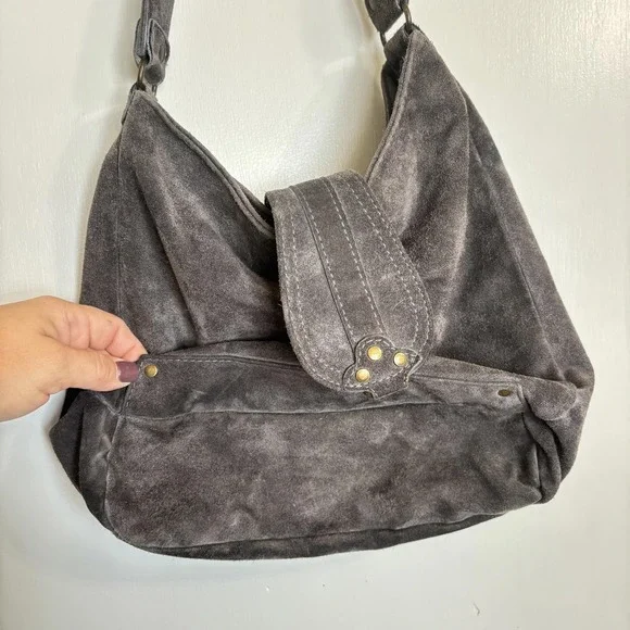 Y2K ABACO Paris Genuine Grey Suede Leather Shoulder Bag With Rivets 90's Hobo - Picture 6 of 9